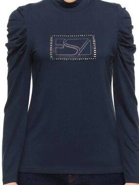 Navy Long-Sleeve Top with Studded Logo Detail